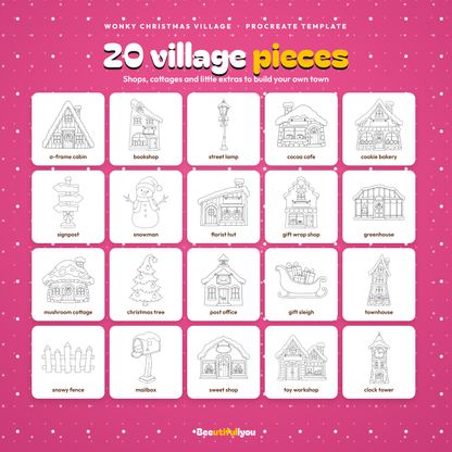Wonky Christmas Village Template Bundle | 36 Colorable PNGs + Procreate Stamps + Editable PSD | Christmas Town Design Kit