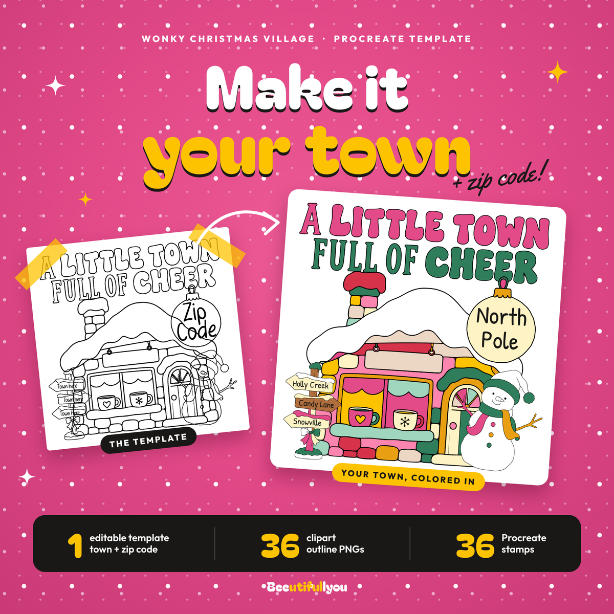 Wonky Christmas Village Template Bundle | 36 Colorable PNGs + Procreate Stamps + Editable PSD | Christmas Town Design Kit