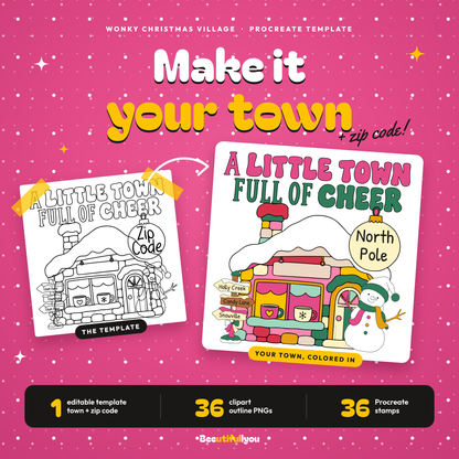 Wonky Christmas Village Template Bundle | 36 Colorable PNGs + Procreate Stamps + Editable PSD | Christmas Town Design Kit