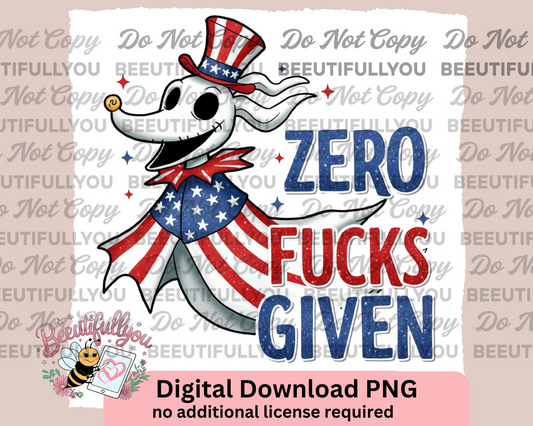 Zero F*cks Given PNG | Patriotic Ghost Digital Download | Funny 4th of July Design | No License Needed | DTF Friendly