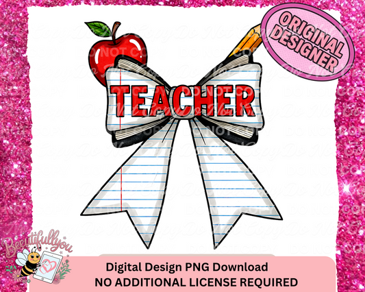 Teacher Bow Digital Design | Back-to-School PNG Download | Apple, Pencil & Notebook Theme