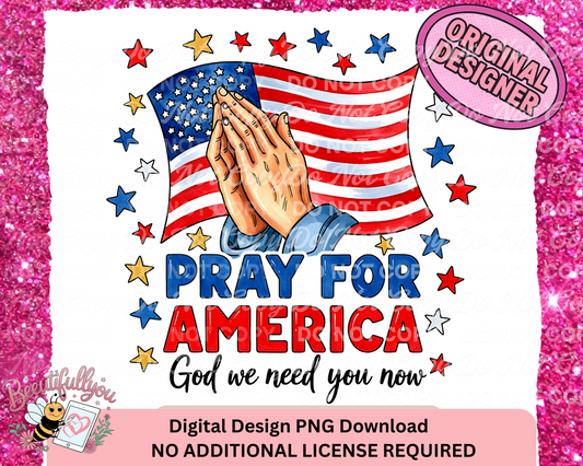 Pray for America Digital Design | PNG Download | Patriotic Praying Hands & American Flag