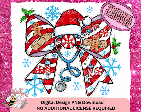 Christmas Nurse Bow Digital Design | PNG Download with Matching Sleeve Design | Candy Cane Medical Holiday Theme