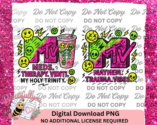 Meds Therapy Venti + Mayhem Trauma Vibes PNG Bundle | Mental Health Snarky Design | Digital Download