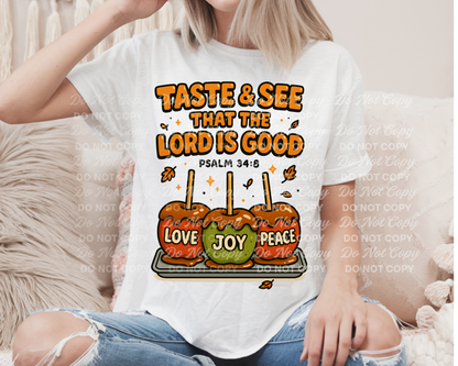 Taste & See That the Lord Is Good PNG | Psalm 34:8 Bible Verse Fall Caramel Apple Digital Download