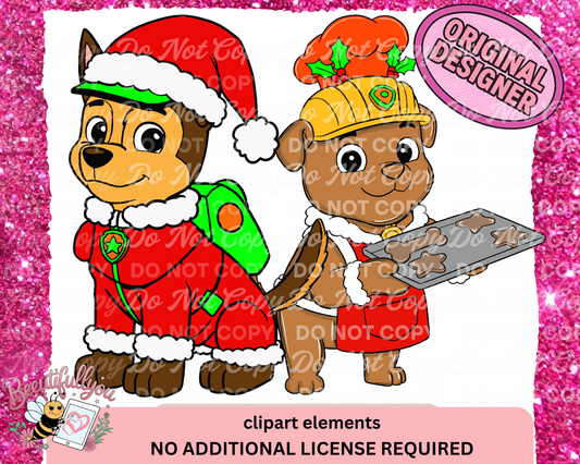 Christmas Paw Patrol Clipart | Chase & Rubble Holiday PNGs | Digital Download for Sublimation & Crafts