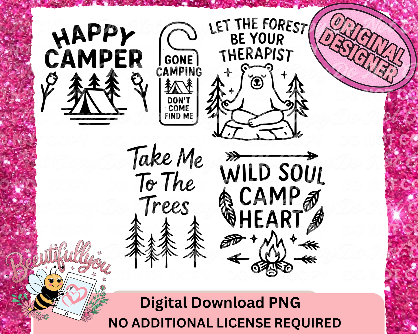 Camping Forest Doodle PNG Bundle | Nature Therapy, Tent Life, Outdoor Quotes, PNG, SVG, CANVA template