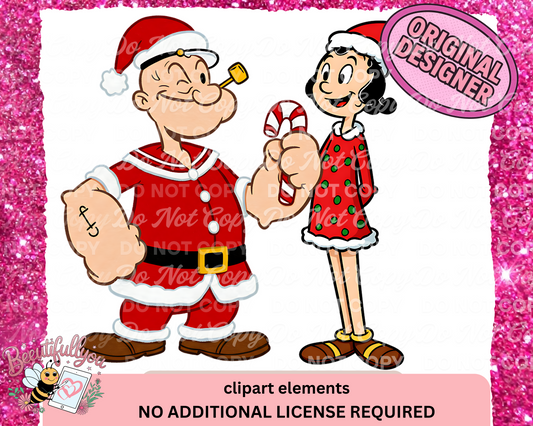 Christmas Popeye and Olive Clipart Set | Holiday Cartoon Character Elements PNG