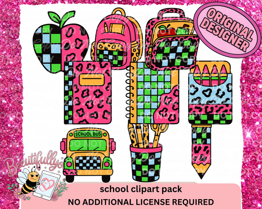Colorful School Clipart Set – Checkered & Leopard Back to School Bundle clipart