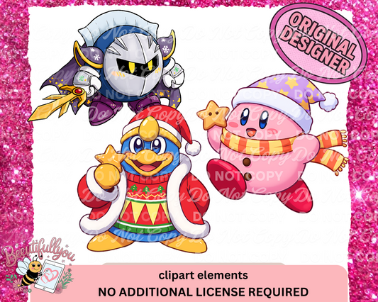 Christmas Kirby Clipart Set | 3 Festive Holiday Characters PNG