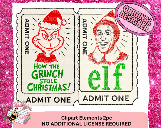 Christmas Movie Ticket stub Clipart Set 2pc