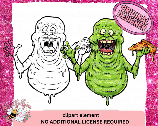 Slimer Ghost Clipart | Colored & Outline Versions | Pizza Ghost PNG