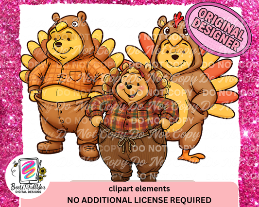 Thanksgiving Bear Turkey Clipart | Fall Digital Elements PNG Set