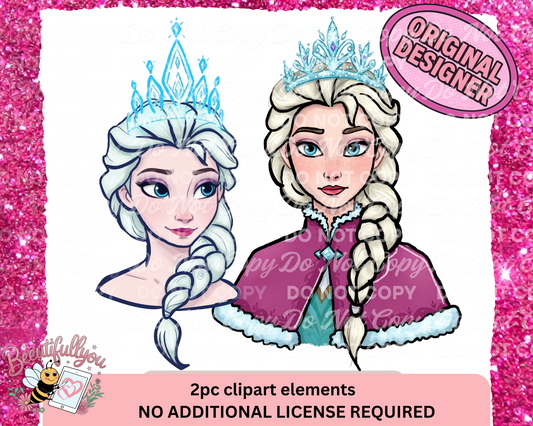 Princess Clipart Set – 2 Hand-Drawn PNG Elements for Christmas & Winter Designs