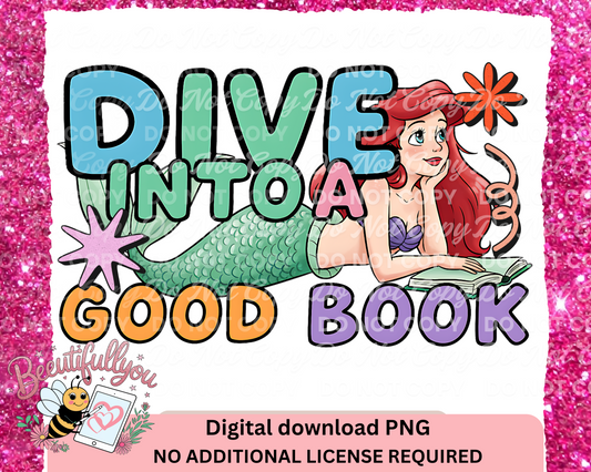 Dive Into a Good Book PNG | Mermaid Reading Summer Book Lover Digital Download