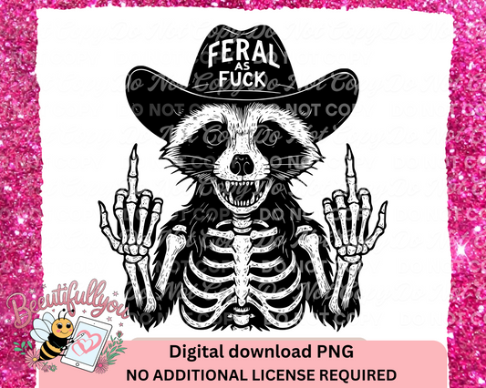 Feral As F*ck Raccoon PNG | Skeleton Cowboy Raccoon Middle Finger Digital Download